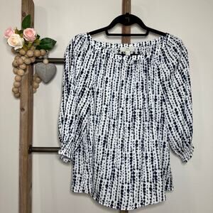Halston 3/4 Sleeve Blue White Blouse Petite Size‎ Small